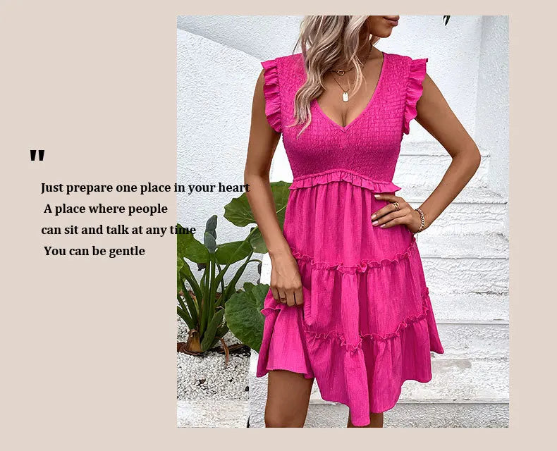 Summer Midi Dresses Casual Red Ruffle Big Hem Holiday Beach Dress Fashion Sleevelee V Neck Dresses The Clothing Company Sydney