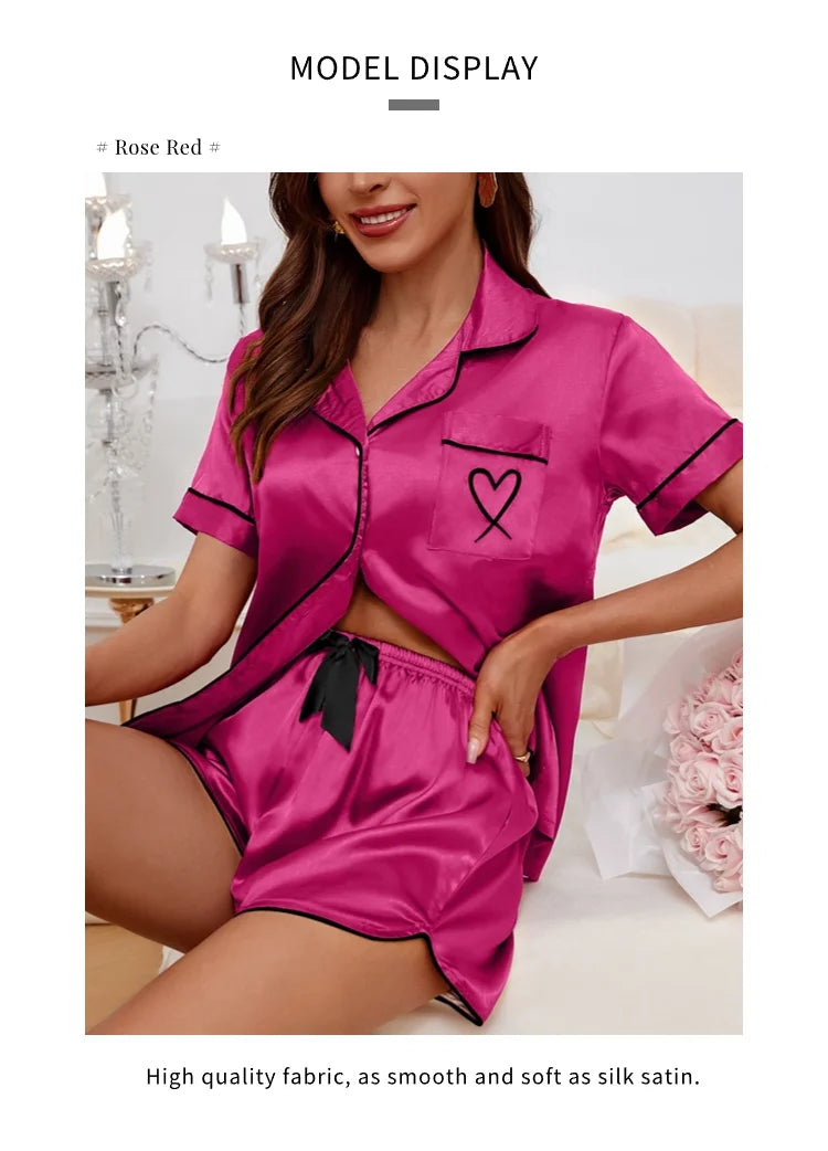 Women's Silk Satin Pyjama Set Button Down Short Sleeve Tops With Shorts 2 Pieces Sleepwear Suit Nightwear Loungewear The Clothing Company Sydney