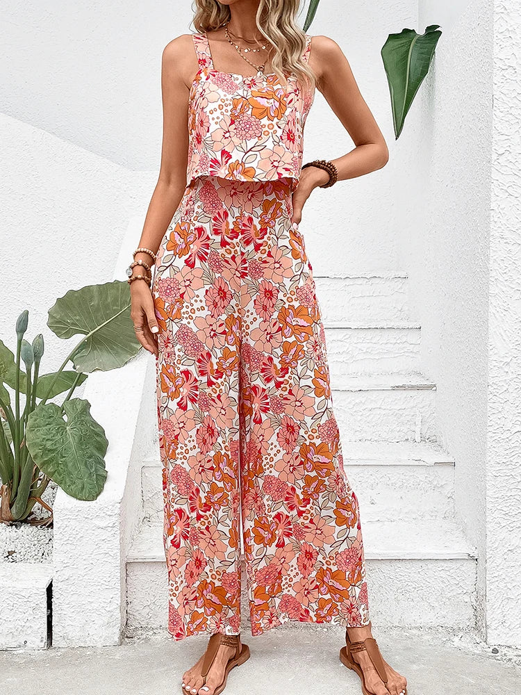 Elegant Long Women's Backless Wide Leg Jumpsuits Casual Sleeveless Floral Rompers Summer Matching Outfit Set