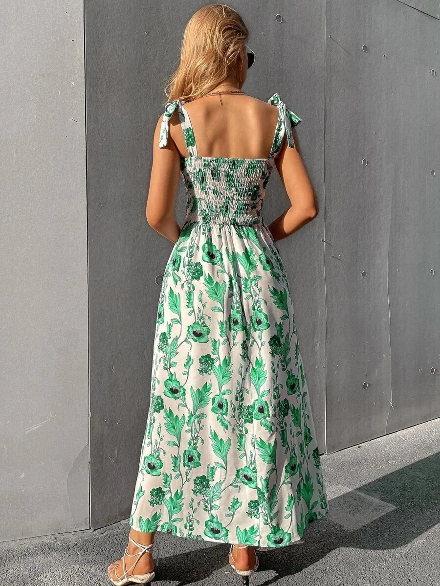 Floral Long Dress Women's Backless Sleeveless Bandage Beach Sundress Casual Green Summer Ladies Dresses