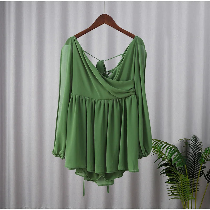 Green Pleated Mini Elegant V-neck Split Long Sleeve A-line Summer Lady Solid Backless Lace Up Dress