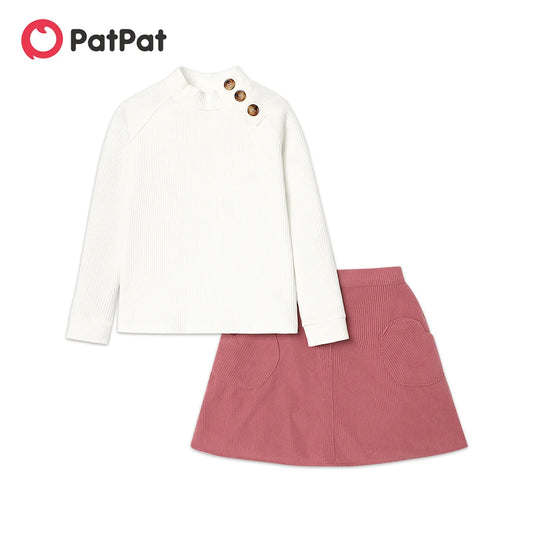 2 Piece Kids Girl's Button Design Mock Neck Long-sleeve Tee and Pocket Design Skirt Set The Clothing Company Sydney