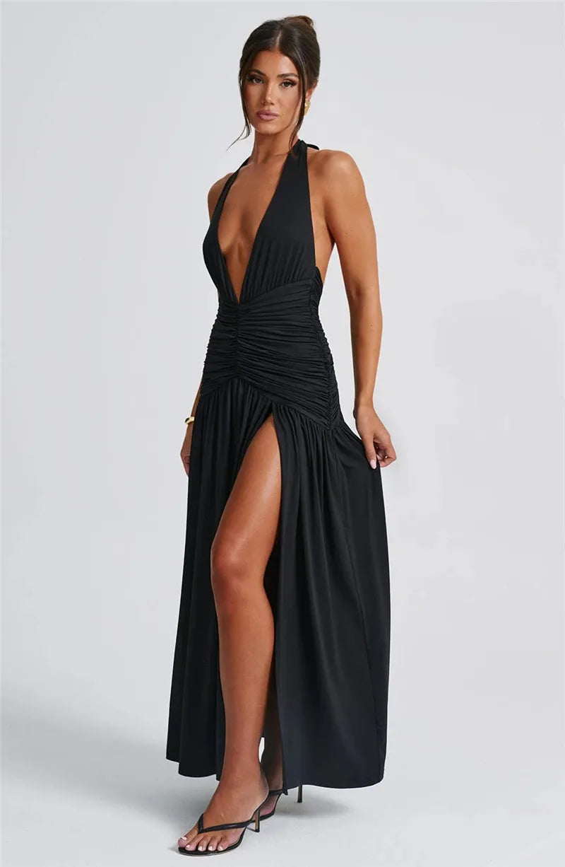 Halter Deep V Neck Backless Maxi Sleeveless Thigh High Split Long Dress The Clothing Company Sydney