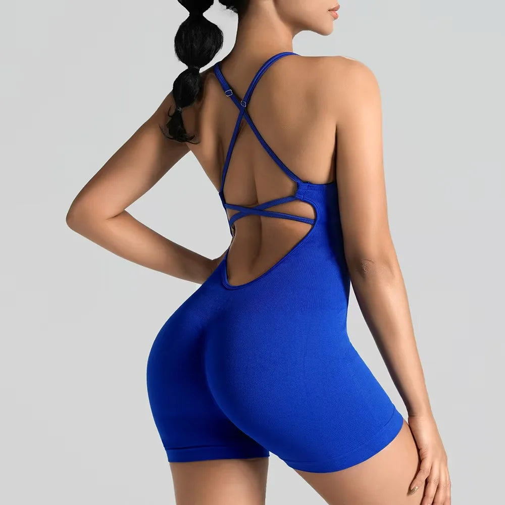 Women's Slim-Fit Yoga Shorts Seamless Back Workout Bodysuit Breathable Quick-Dry Gym Running Pilates Fitness Jumpsuit
