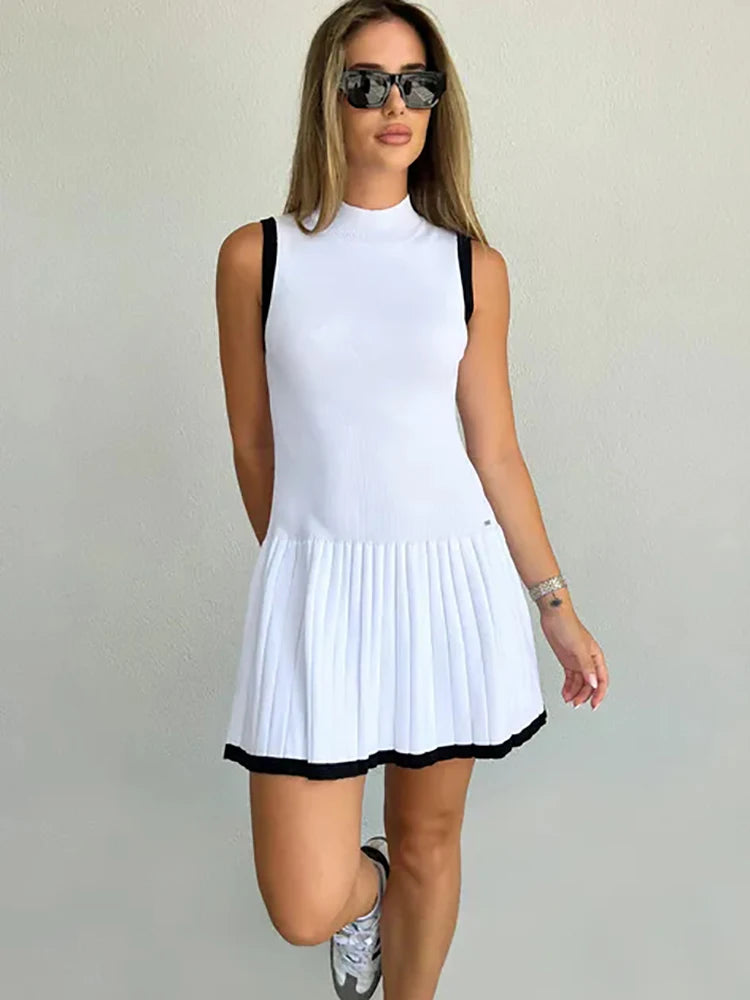 Knitted Round Neck Pleated Women's White Sleeveless High Waist Summer Casual Sporty Dress The Clothing Company Sydney