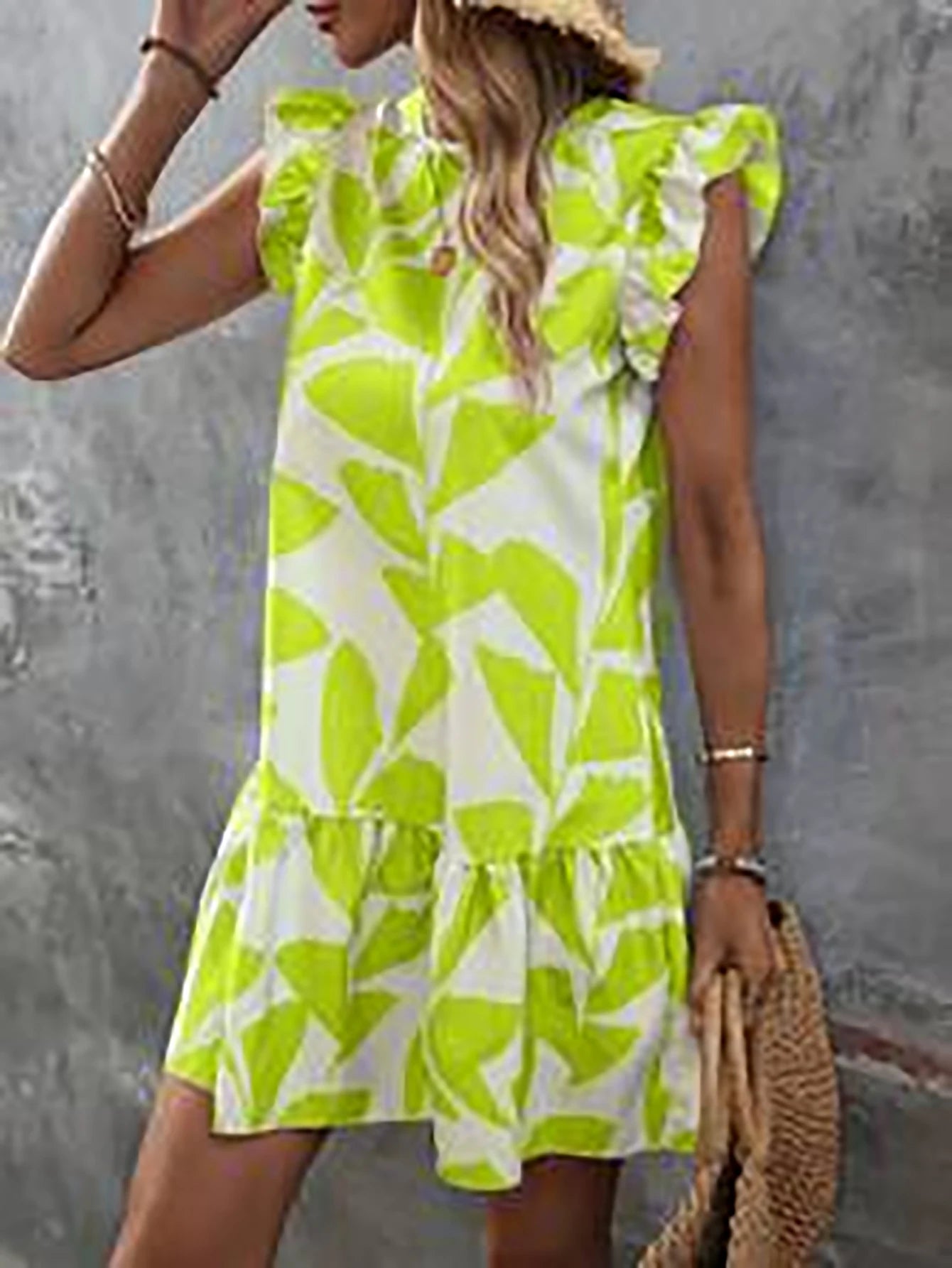 Lotus Leaf Print Ruffle Sleeve Short Dress