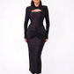 Hollow Out Long Sleeve Maxi Dress Gown Autumn Winter New Metal Buckle Ruched Slit Long Elegant Dress