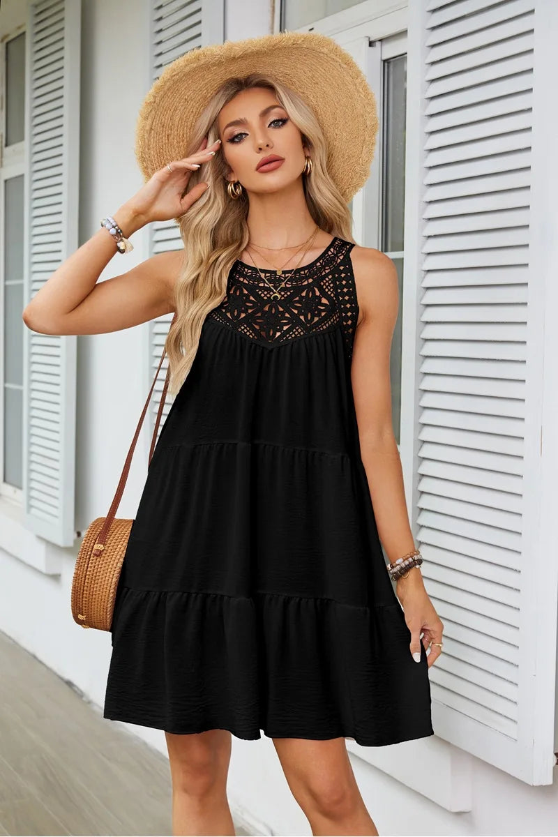 Hollow Lace Patchwork Halter Neck Women A Line Dress Summer Casual Solid Color Loose Beach Holiday Sundress The Clothing Company Sydney