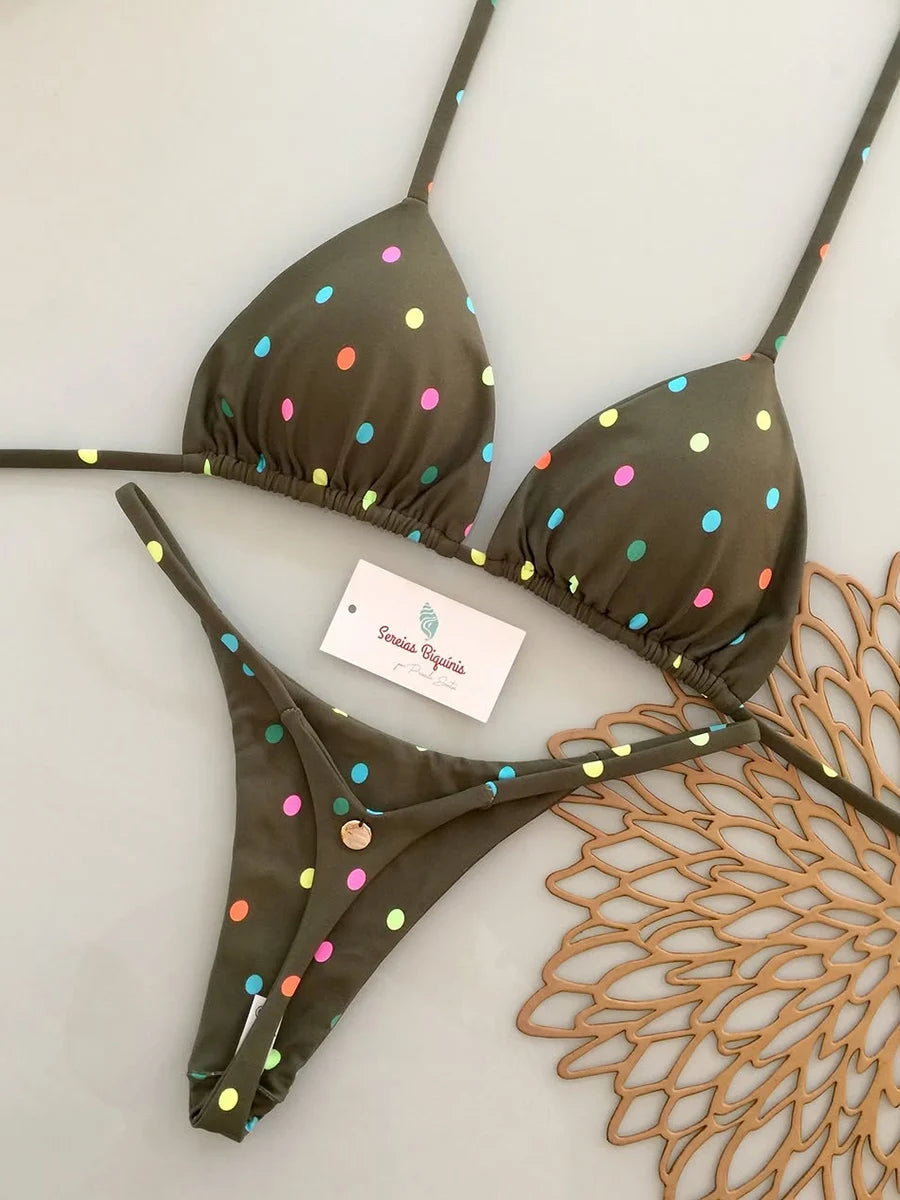 Two-piece lace-up print Brazilian swimsuit by The Clothing Company Sydney, backless micro bikini set with thong design, perfect for beachwear.