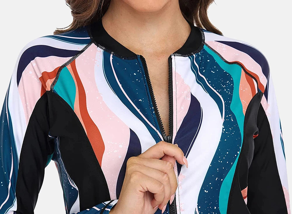 Women Long Sleeve Zipper Rashguard Top Floral Print Rush guard Swimwear Surfing UPF50+ Swimwsuit The Clothing Company Sydney