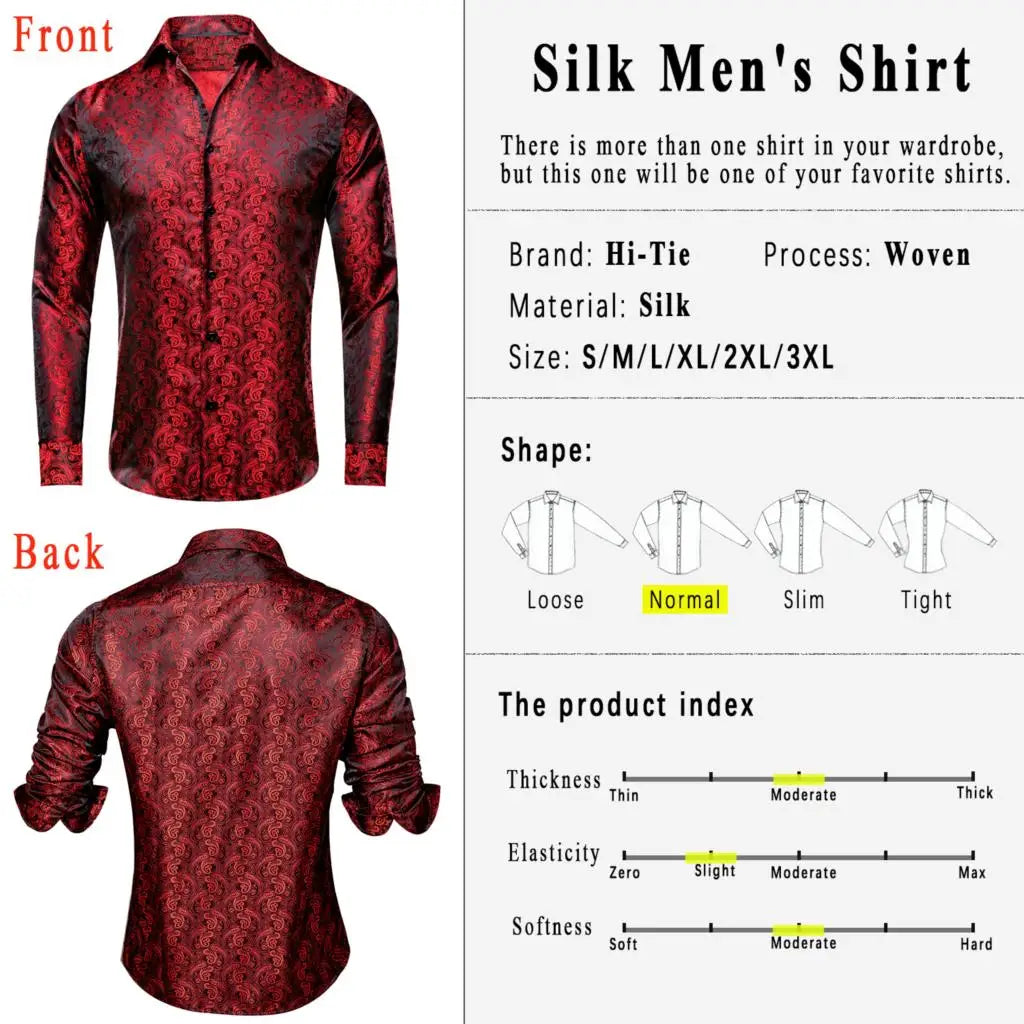 Hi-Tie Long Sleeve Silk Shirts for Men Suit Dress Outwear Male Slim Wedding Floral Paisley Gold Blue Red The Clothing Company Sydney