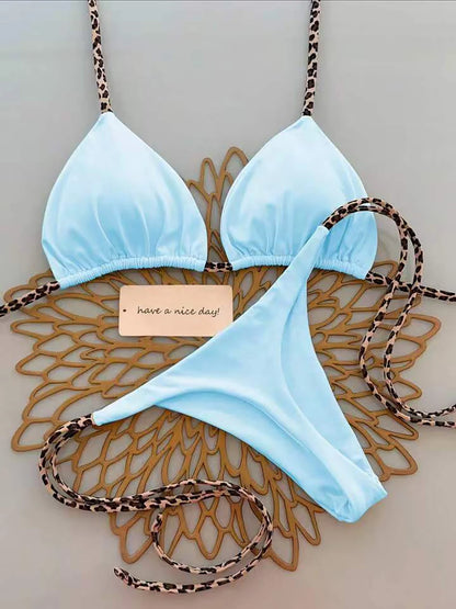 Halter Bikini Set Lace-Up Low Waist Two Piece Triangle Thong Swimwear Leopard Tie On Side Brazilian Micro Bikini Set