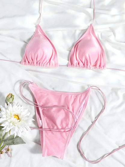 2 Piece Triangle Micro Thongs Swimsuit Bathing Suit Bandage Beachwear Print Swimwear Thong Bikini Set