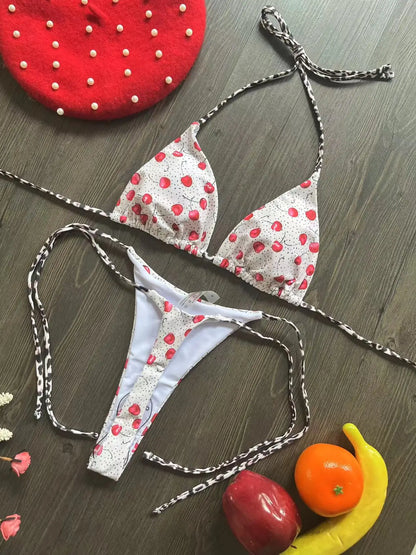 Swimwear Cherry Print Thong Bikini Set Thong Swimsuit Two Piece Bathing Suit Beach Wear The Clothing Company Sydney