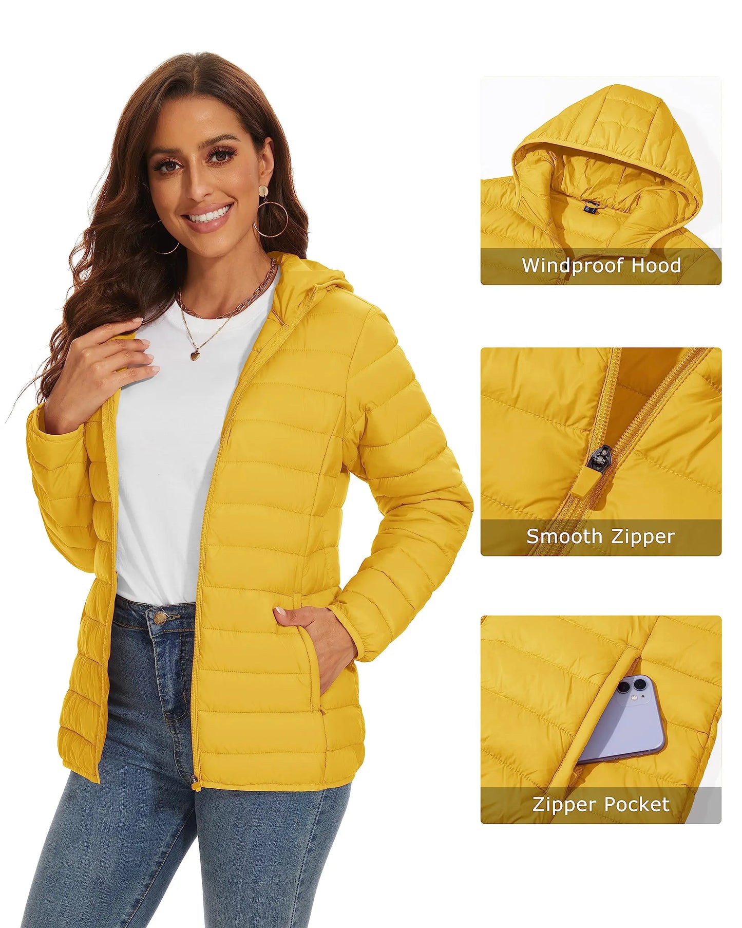 Full Zip Up Hooded Puffer Women's Winter Quilted Warm Down Coats Casual Windbreaker Padded Outwear Outdoor Jacket