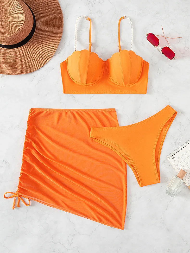 3 Piece Women's Swimsuit Off Shoulder Suspender Pure Cotton Fashion Backless Beach Split Swimwear