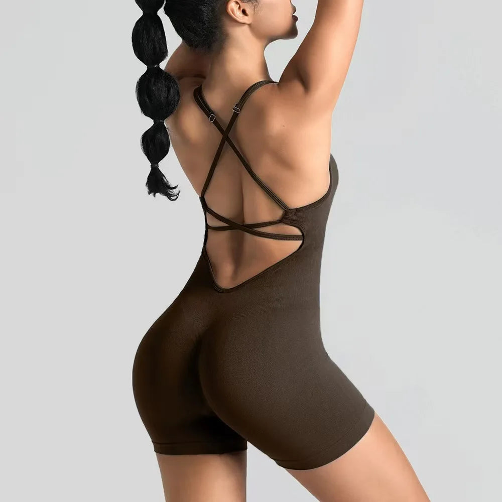 Women's Slim-Fit Yoga Shorts Seamless Back Workout Bodysuit Breathable Quick-Dry Gym Running Pilates Fitness Jumpsuit
