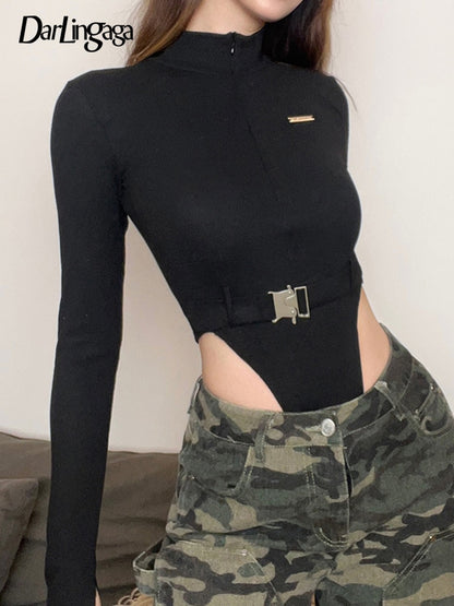 Streetwear Zipper Skinny Black Women Bodysuits Top Buckle Turtleneck Autumn Body Fashion Motorcycle One Piece Bodysuit The Clothing Company Sydney