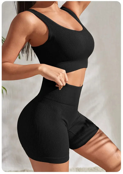 Seamless Ribbed Yoga Sets Workout Sets for Women 2 Pieces Gym Suits Ribbed Crop Tank High Waist Shorts Outfits Fitness Running The Clothing Company Sydney