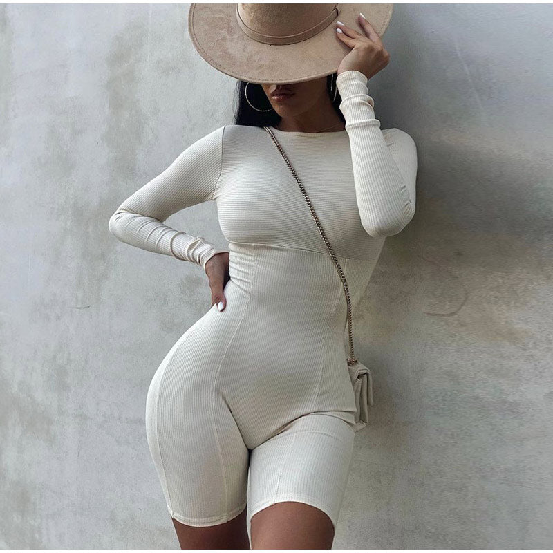 Casual Women's Knitted Bodycon Jumpsuit Fashion Long Sleeve Short Sport One-piece Suit Spring Back Zipper Yoga Playsuit The Clothing Company Sydney