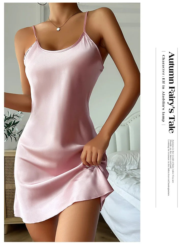 Silk Satin Women Nightgown Sleeveless Sleepwear Adjustable Spaghetti Strap Nightwear