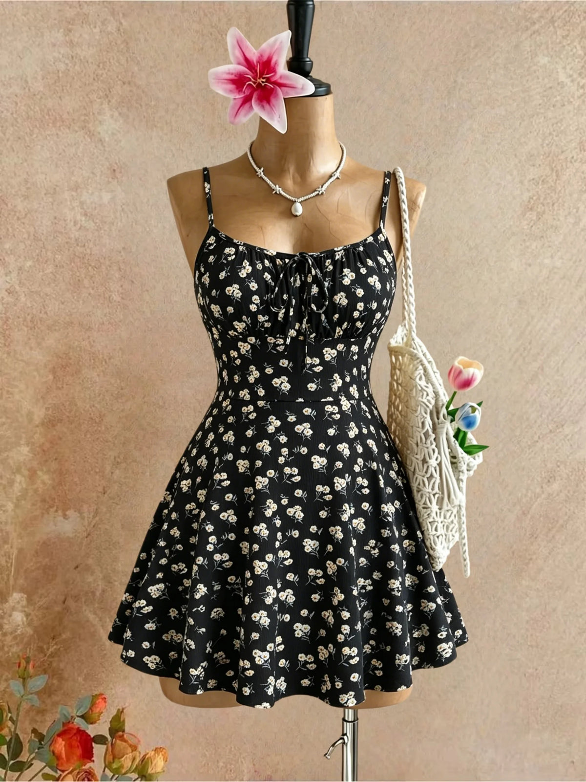 Women Thin Spaghetti Strap Floral Front Tie Ribbed Mini Skater Summer Y2K Dress