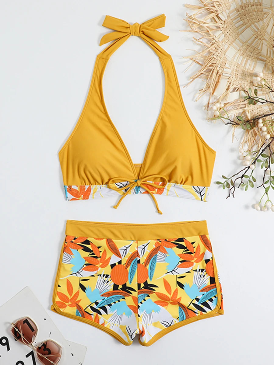 2 Piece Halter Bikini Set Shorts Swimsuit High Waist Swimwear Female Printed Bathers Swimming Bathing Swim Suit Beachwear
