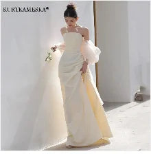 Luxury White Satin Trailing Wedding Dresses Women Elegant Strapless Long Prom Party Bridal Dress