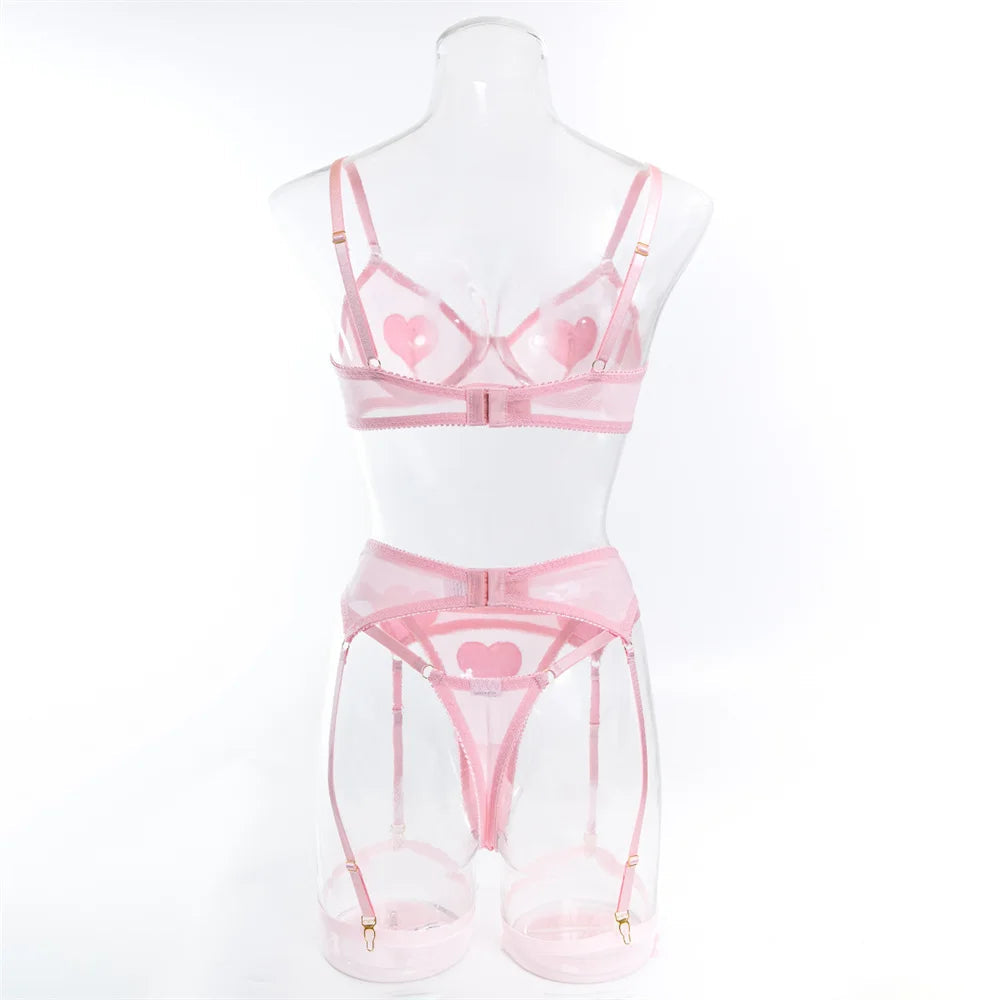 Pink Heart Patchwork Lingerie 4 Piece Mesh See-through Bras And Panties Suits With Stocking Fancy Set The Clothing Company Sydney