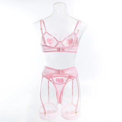 Pink Heart Patchwork Lingerie 4 Piece Mesh See-through Bras And Panties Suits With Stocking Fancy Set The Clothing Company Sydney