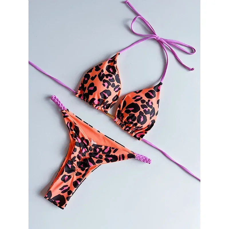 2 Piece Swimwear Leopard Printed Micro Bikini Set Striped Beachwear Summer Swimsuit Two-pieces Thong Bathing Suit