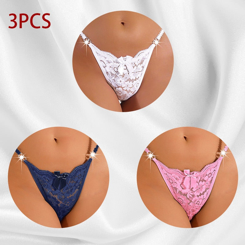 3 Piece Set Women's Lace Panties Perspective Underwear Low Waist Thin Strap Rhinestone Thong G-string Breathable Soft Lingerie The Clothing Company Sydney