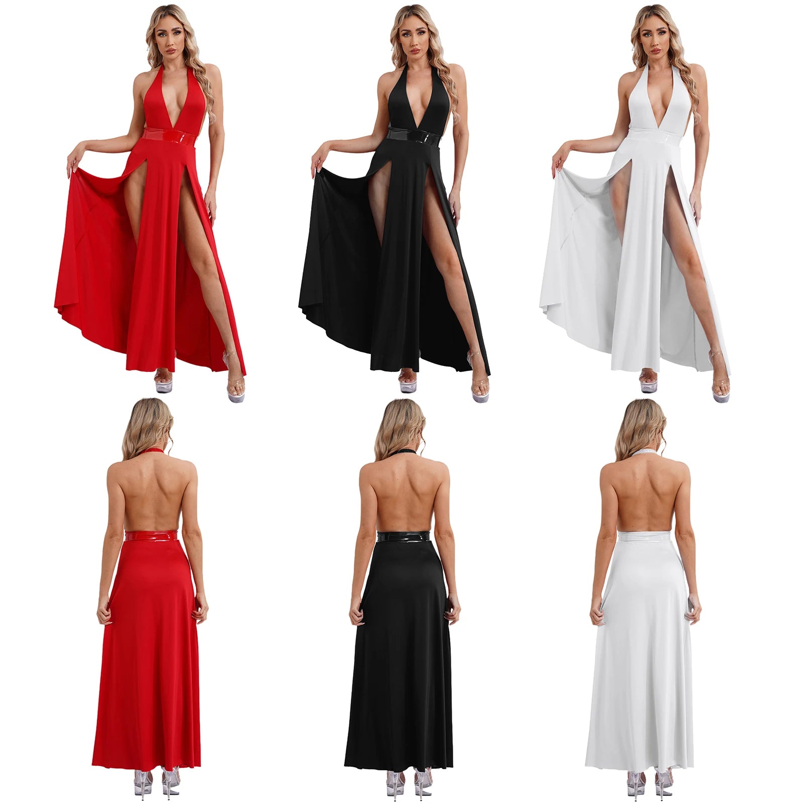 Womens Nightclub Deep V Neck Halter Backless Sleeveless Front High Split High Waist Coquette Clubwear Dress The Clothing Company Sydney