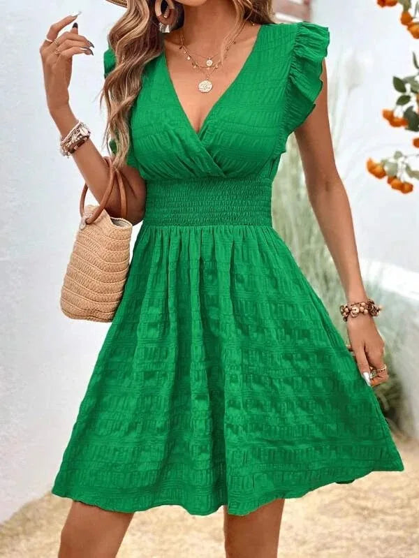 Elegant Short Summer Casual Slim Red Sleeveless Holiday Beach Dress Fashion V Neck A-line Dresses