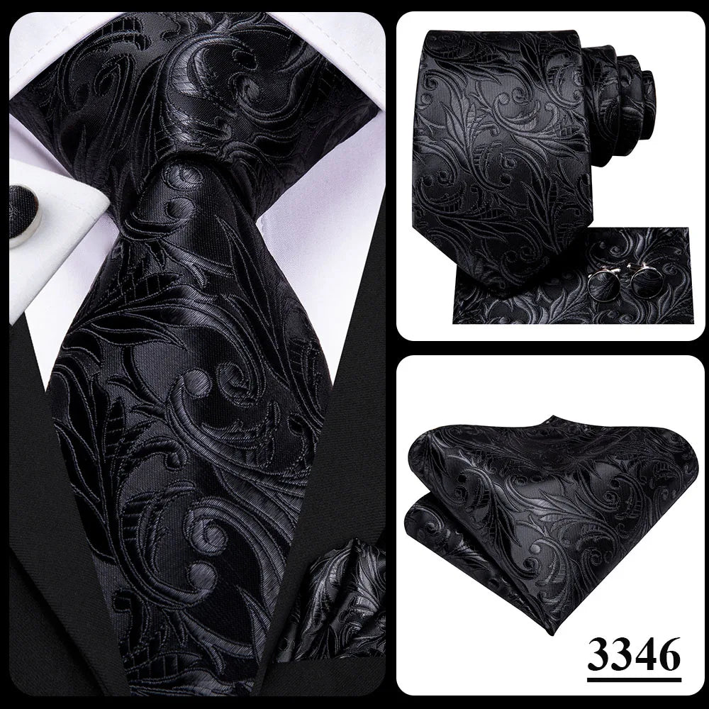 3 Piece Black Floral Silk Wedding Tie For Men Handky Cufflink Elegant Necktie Set For Men