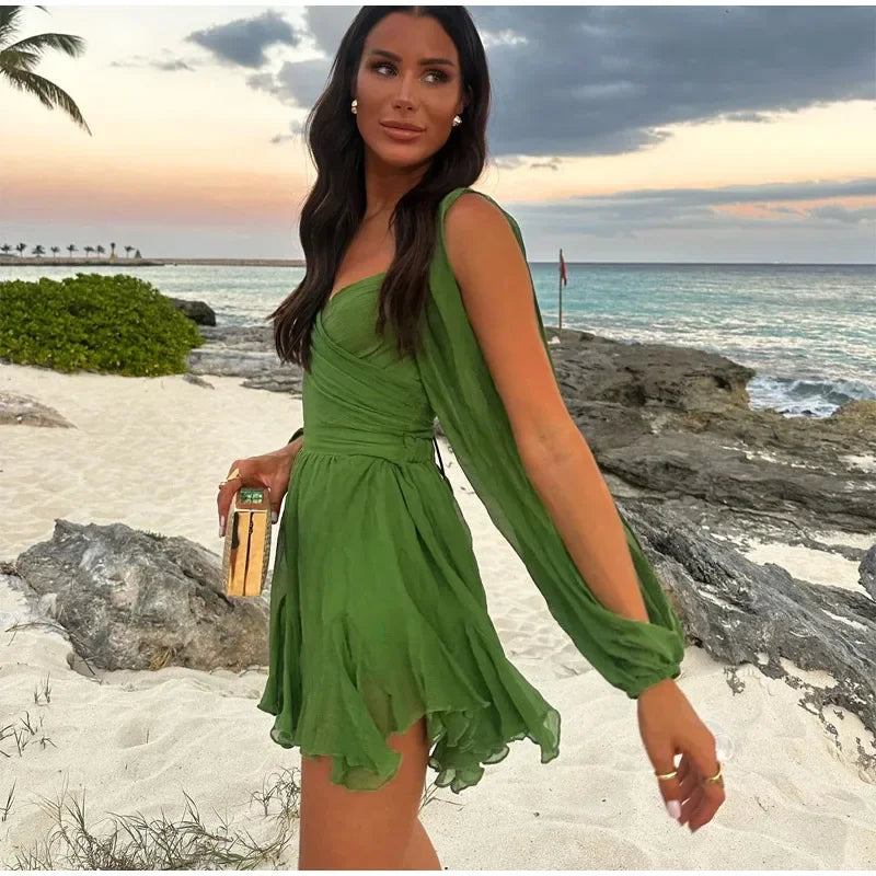 Green Pleated Mini Elegant V-neck Split Long Sleeve A-line Summer Lady Solid Backless Lace Up Dress