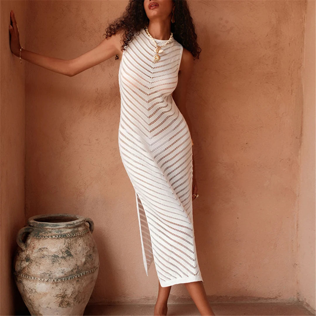 Hollow Out Sleeveless Crochet Knitted Tunic Beach Cover Up Cover-ups Mini Beach Dress Beach Wear Beachwear Female Women V6745 The Clothing Company Sydney