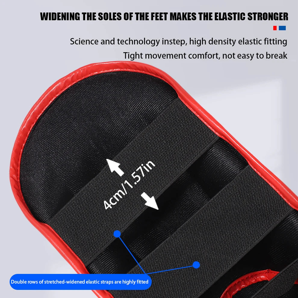 Muay Thai shin guards with foot and back protection for boxing, fighting, and taekwondo training