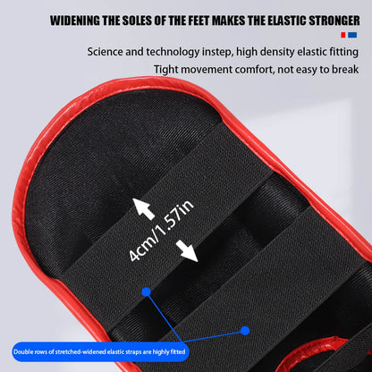 Muay Thai shin guards with foot and back protection for boxing, fighting, and taekwondo training