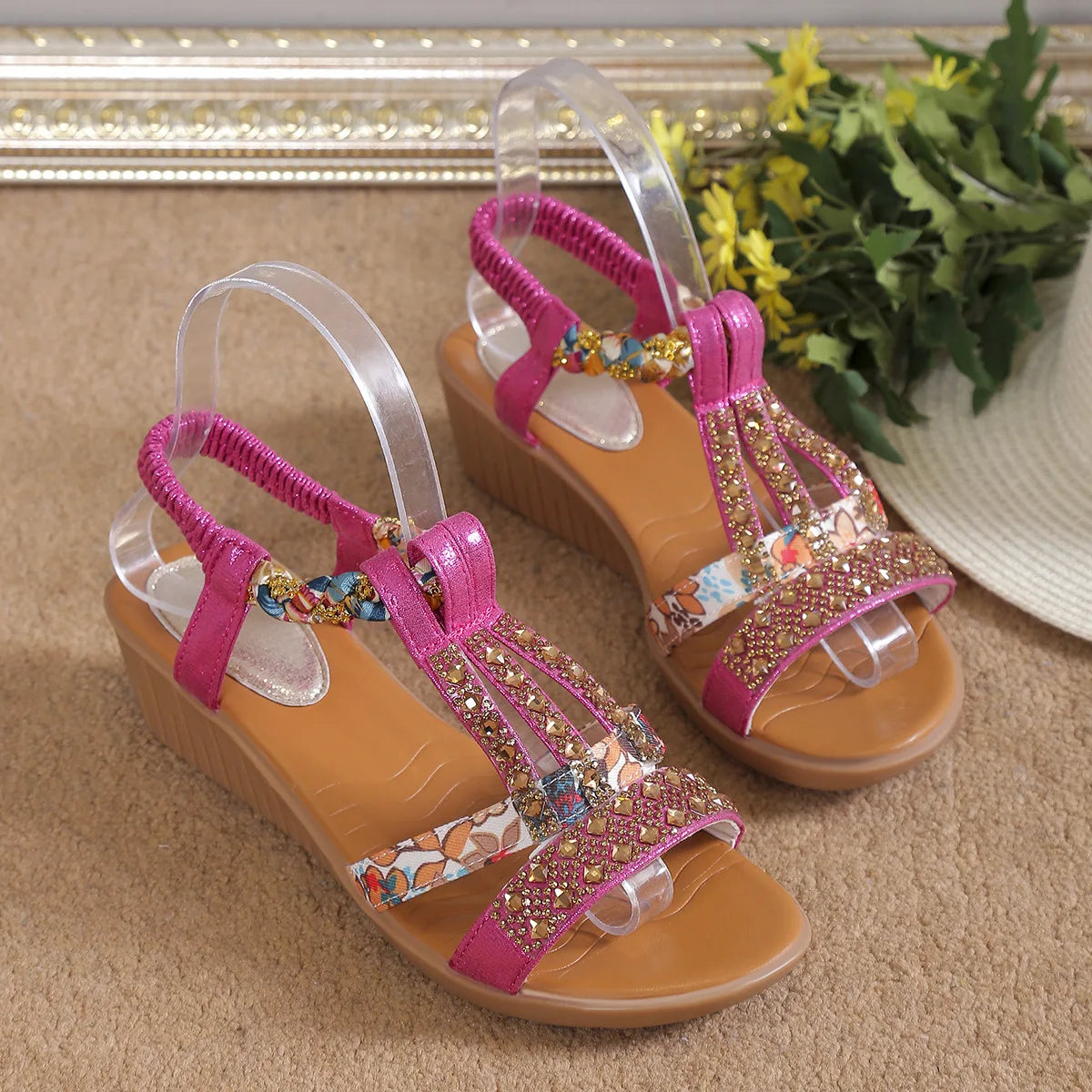 Women's Wedge Sandals Summer Shoes Shiny Rhinestones Elastic Platform Peep Toe Outdoor Sandals