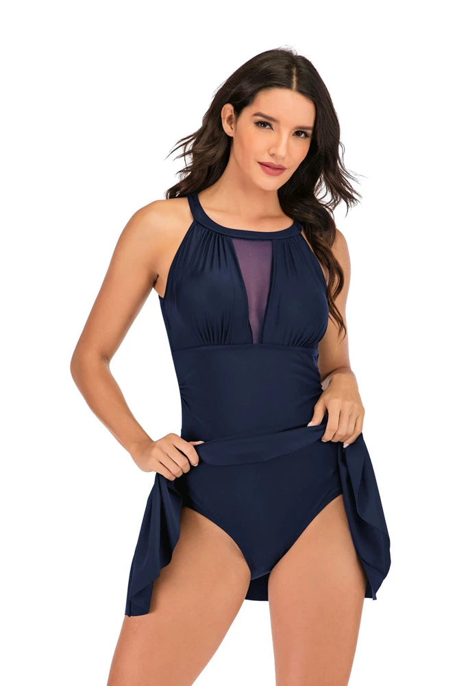 Women's One Piece Swimsuit Swimdress With Shorts Slim Mesh Hollow Out Design Solid Black/Red/Dark Blue Swimwear Plus Size
