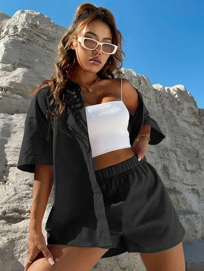 Long Sleeve Single breasted Top Broad legged Shorts Set Fashion Ladies Solid Suits Summer 2 Piece Matching Outfits For Women The Clothing Company Sydney