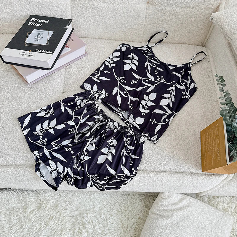 Womens Pajama Ladies Satin Pyjama Print Round Neck Ice Silk Top T-Shirt and Shorts Sets