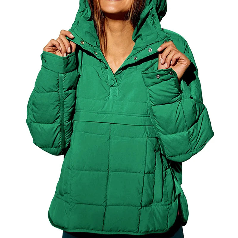 Autumn Winter Padded Jacket For Women Fashion Pockets Long Sleeves Hooded Pullovers Casual Coat