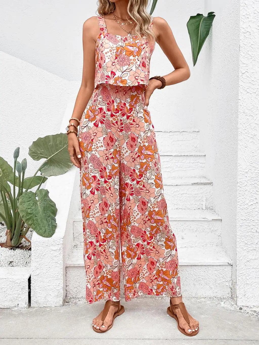 Elegant Long Women's Backless Wide Leg Jumpsuits Casual Sleeveless Floral Rompers Summer Matching Outfit Set