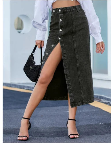 Women's Button A-line Side Split High Waist Denim Skirt Office Lady Black Blue Midi Jean Skirts Autumn Winter Long Skirt The Clothing Company Sydney