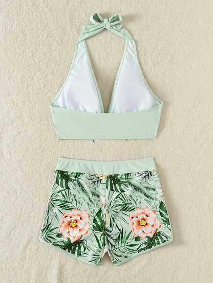 2 Piece Halter Bikini Set Shorts Swimsuit High Waist Swimwear Female Printed Bathers Swimming Bathing Swim Suit Beachwear