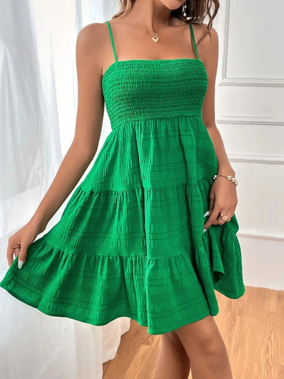 Spaghetti Strap Smocked Bustier Mini Dress Blue Ruffled Tiered Swing Dress Summer Casual Vacation Beach Wear