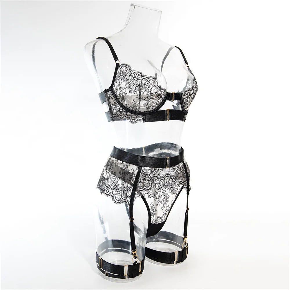 Luxury Black Flower Embroidery Lingerie 4 Piece Mesh Transparent Metal Buckle Bra And Thong Garter Set The Clothing Company Sydney