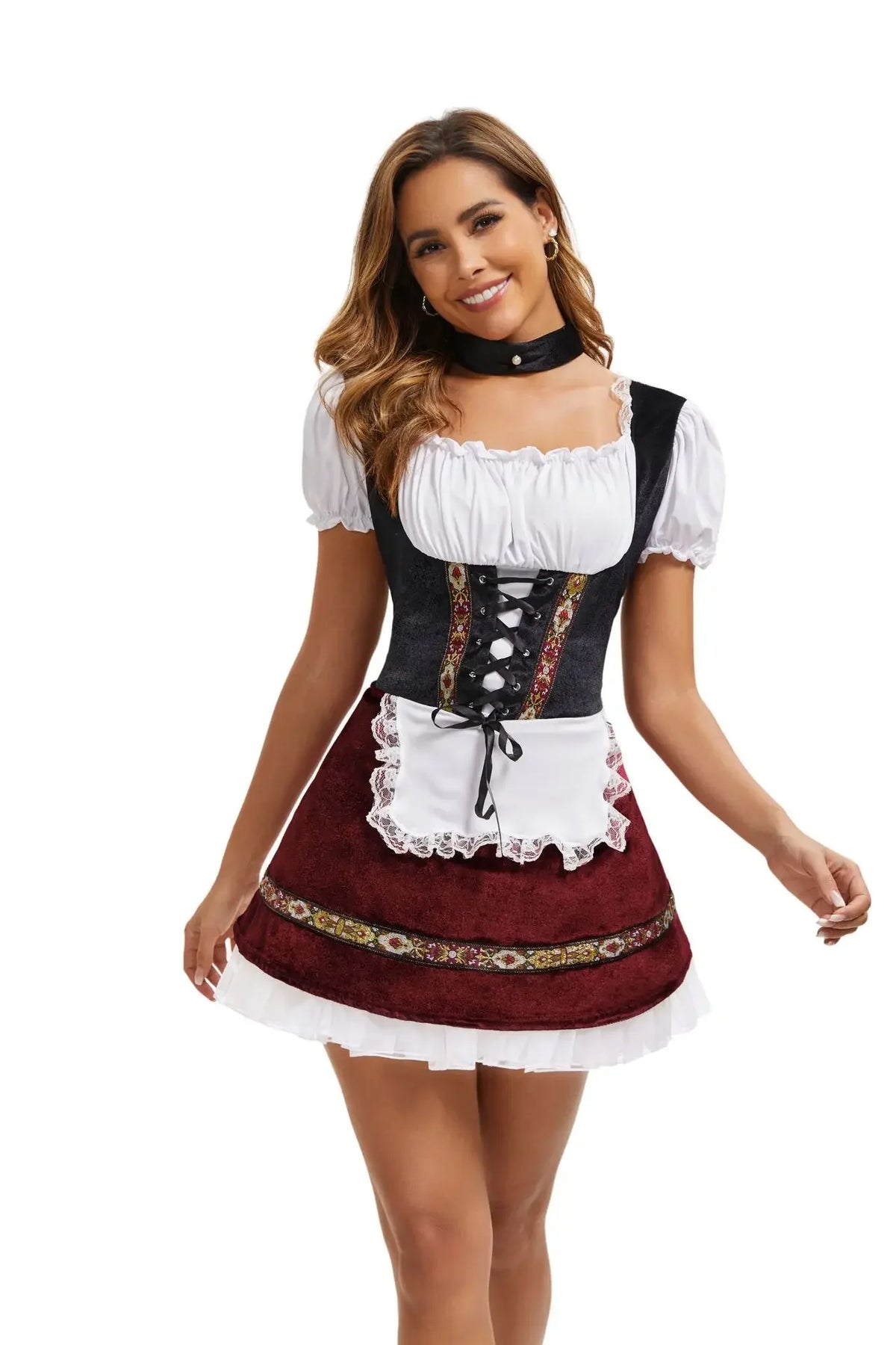 Women's Elegant Ruffled Lace Up Maid Cosplay Costume Oktoberfest Bavarian Dirndl Vintage Festival Dress
